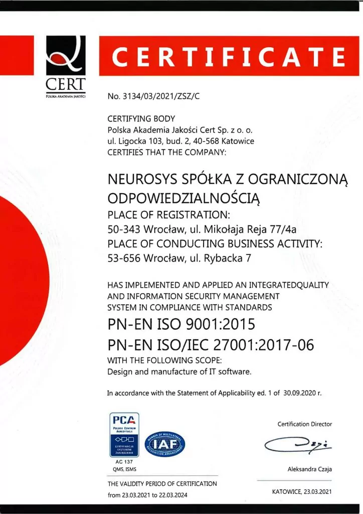 ISO iso certificate neurosys poland europe 1